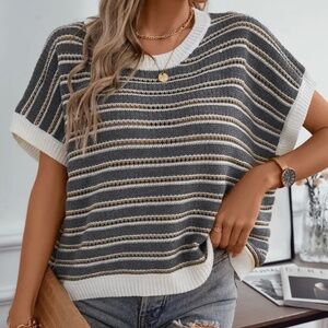 Grey and brown oversized striped sleeveless sweater, small, $32.